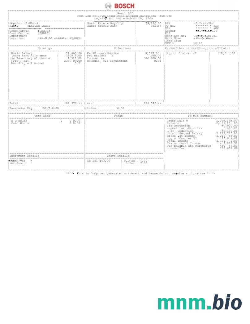 Szablon odcinka wypłaty Bosch LTD w formatach Word i PDF